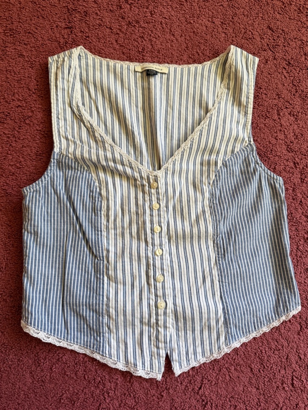 American Eagle Outfitters Blue & White Striped Lace-Trim Button Tank